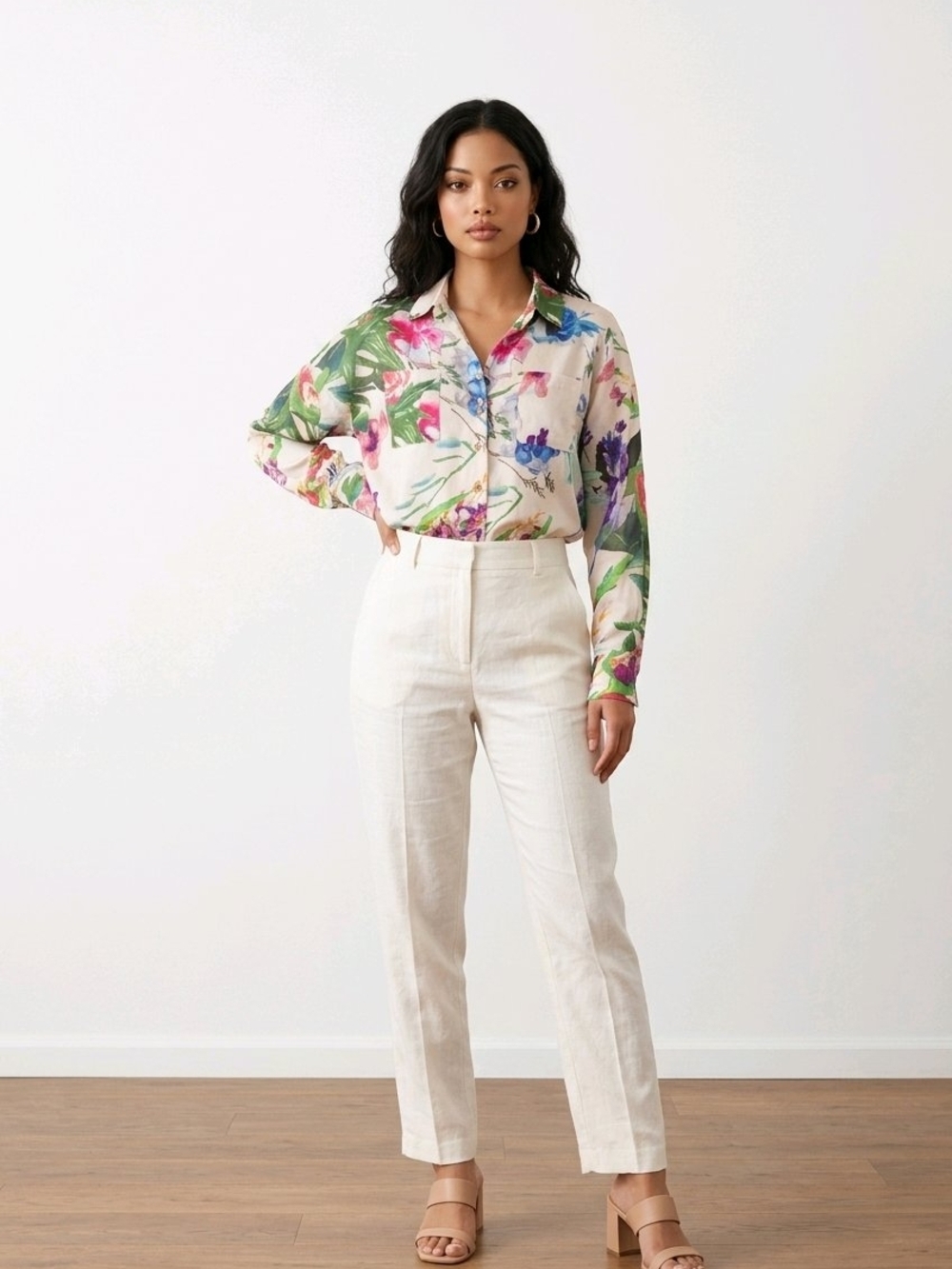 Floral Button-Front Long-Sleeve Blouse - Pink & Green
